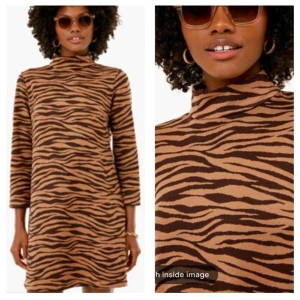TUCKERNUCK brown tan mod tiger pattern Ellie mock neck knit dress size medium
